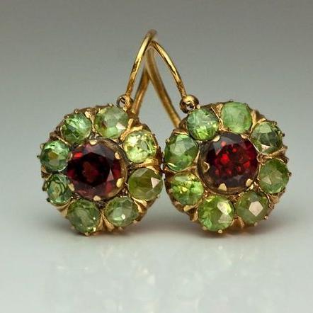 Elegant Rounded Green & Red Crystal Earrings