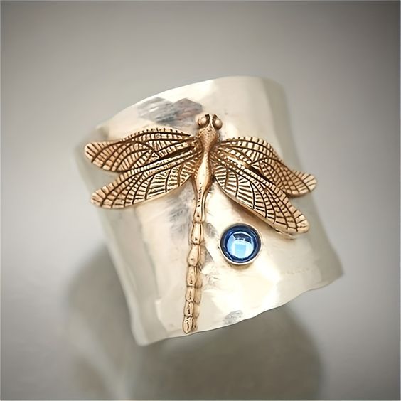 Stylish Golden Dragonfly Silver Ring