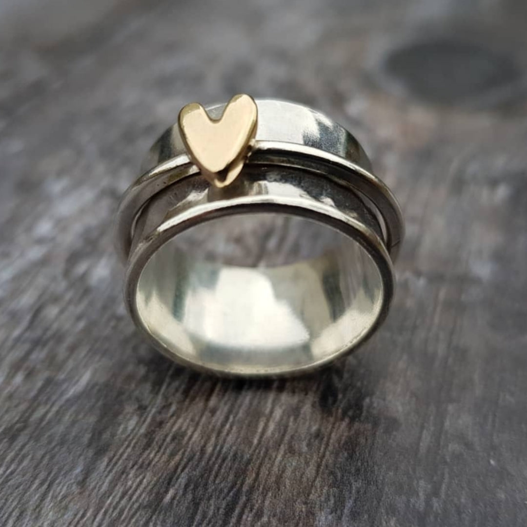 Classic Golden Heart Silver Ring