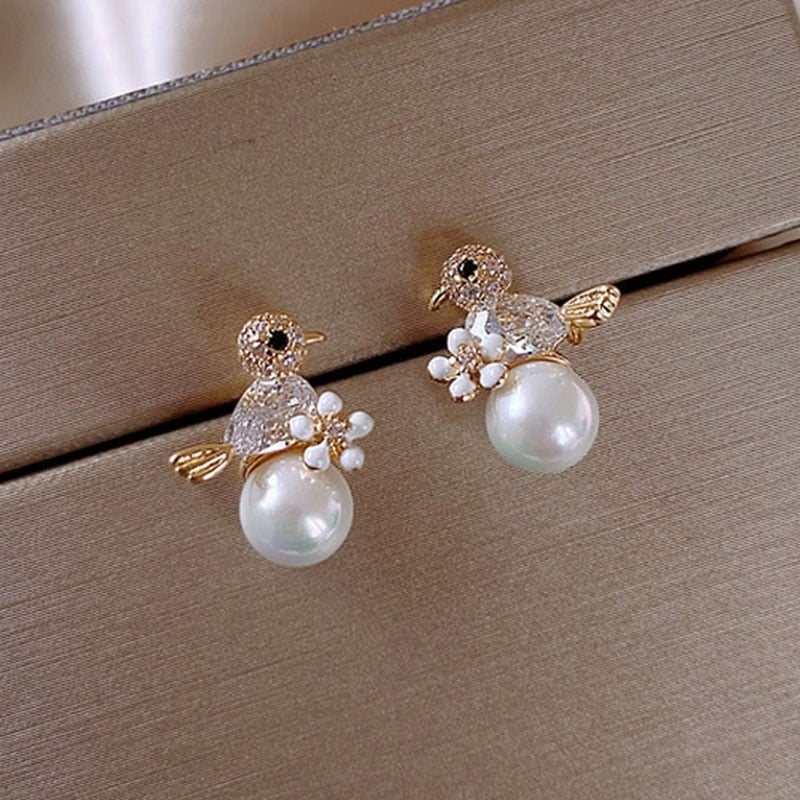 Trendy Birdie Earrings in Cubic Zirconia and Pearl Inlay