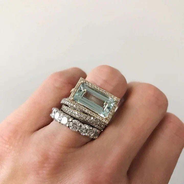 Stylish Silver Turquoise Glass Ring Set