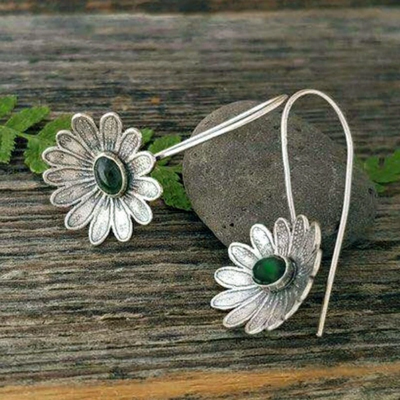Minimalist Silver Flower with Green Stone Earrings