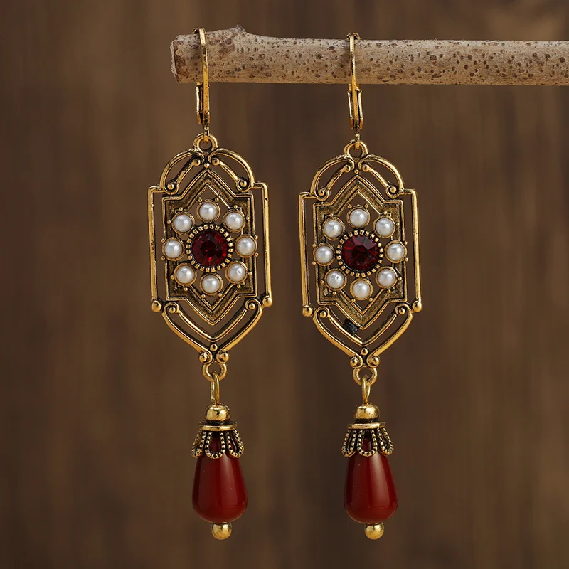Sleek Red Crystal Pearl Gold Earrings
