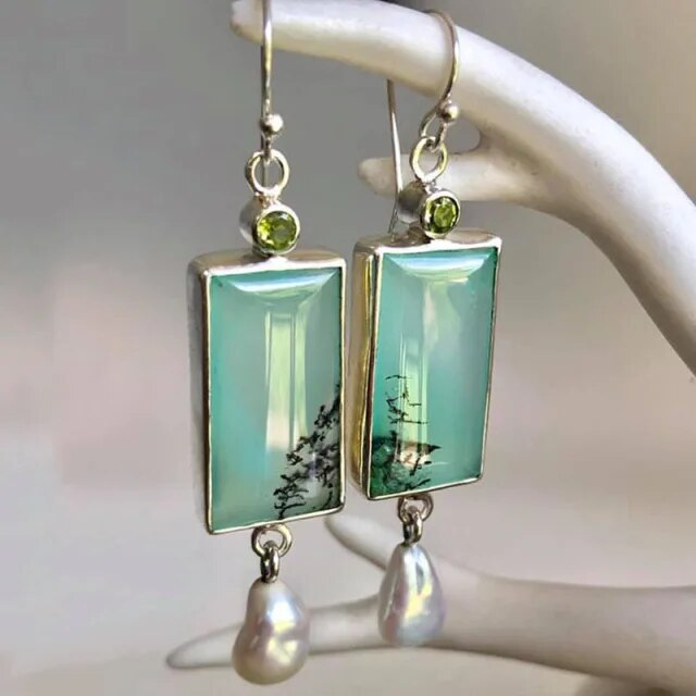 Elegant Turquoise Rectangular Pearl Earrings