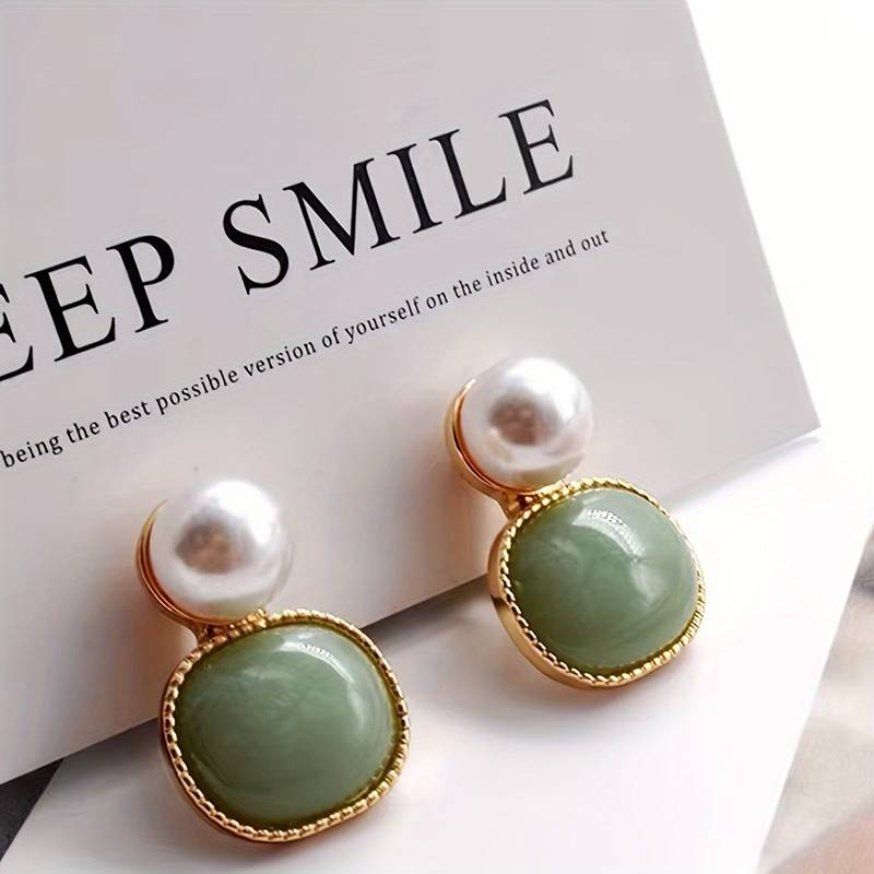 Classic Inlaid Green Stone Pearl Earrings