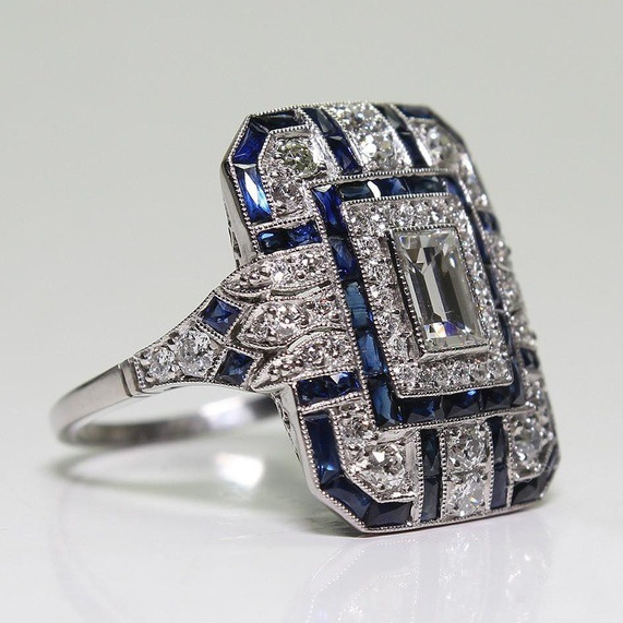 Modern Blue Bright Silver Ring