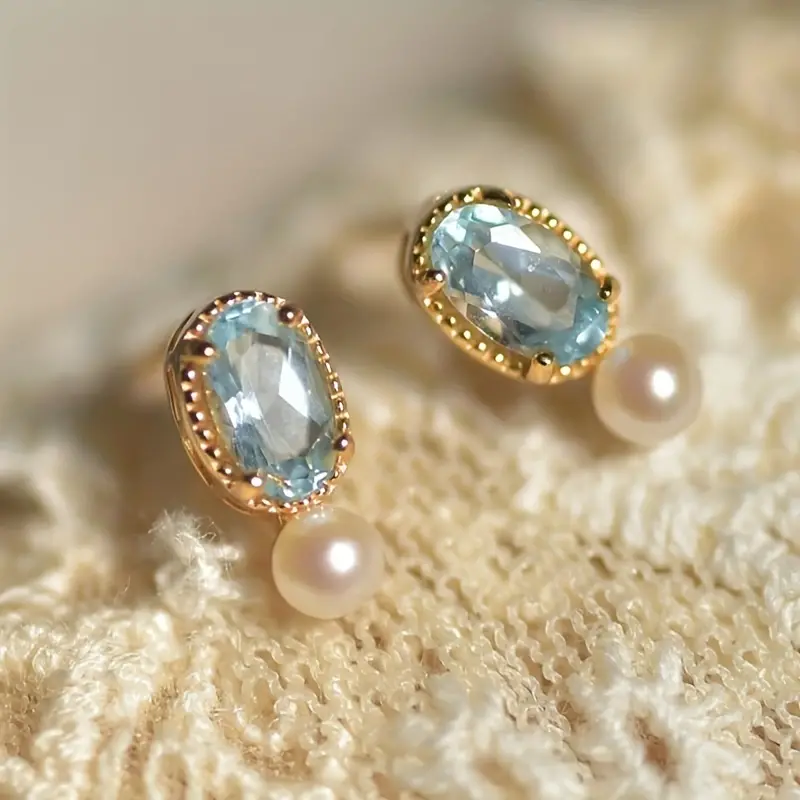 Modern Blue Crystal Pearl Gold Earrings