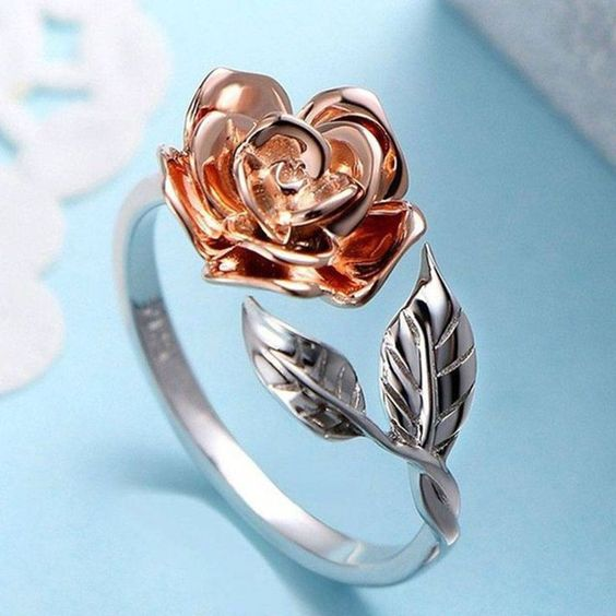 Elegant Orange Rose Silver Ring