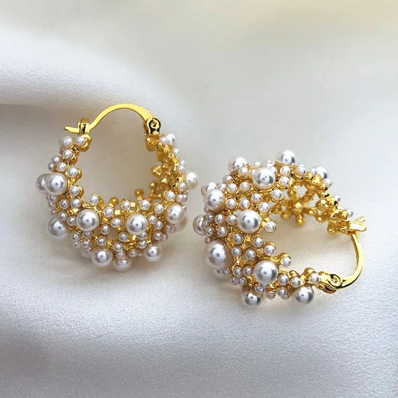 Minimalist Gold Pearl Cluster Design Hoop Earrings