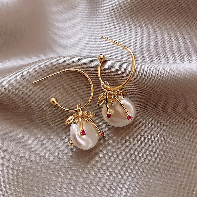 Modern Gold & Pearl Cherry Earrings