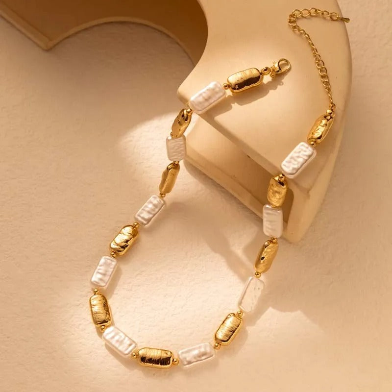 Trendy Gold & White Rectangular Bead Pearl Necklace
