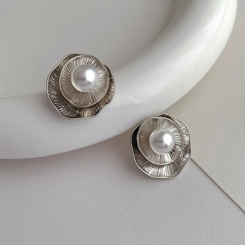 Stylish Silver Petal Pearl Stud Earrings