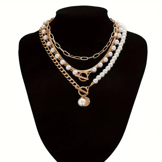 Minimalist  Pearl & Gold Snake Chain Necklace Set