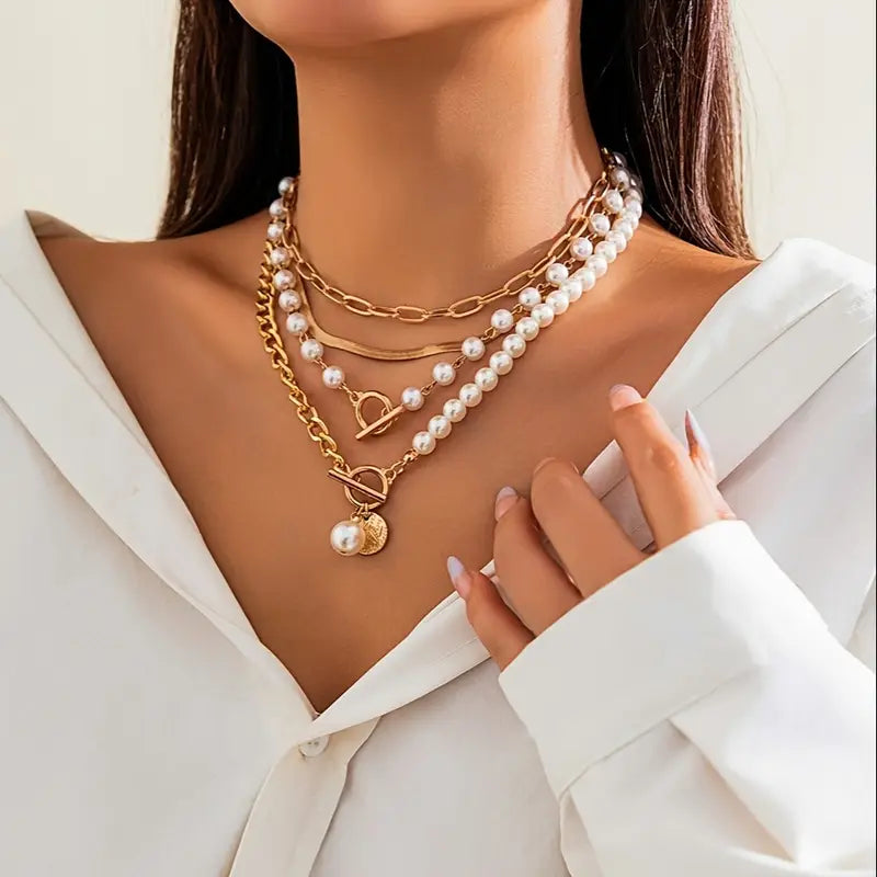 Minimalist  Pearl & Gold Snake Chain Necklace Set