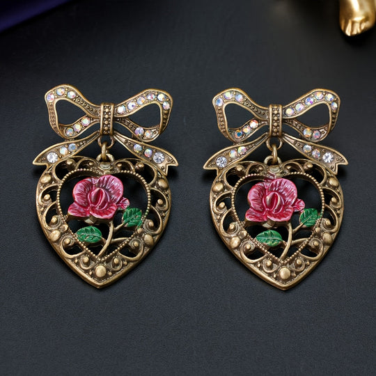 Timeless Heart & Rose Bowknot Earrings