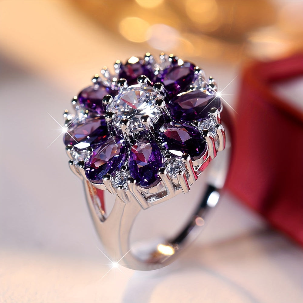 Elegant Purple Zirconia Flower Ring