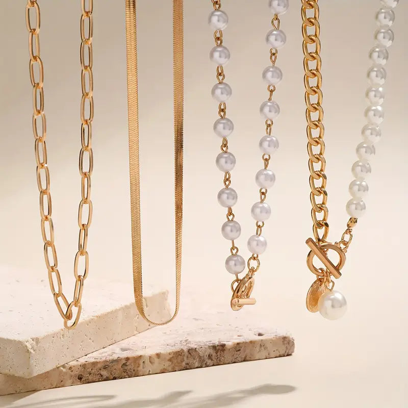 Minimalist  Pearl & Gold Snake Chain Necklace Set
