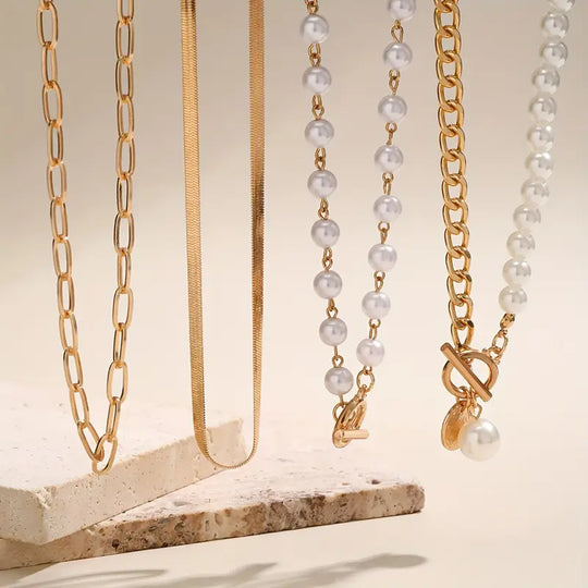 Minimalist  Pearl & Gold Snake Chain Necklace Set