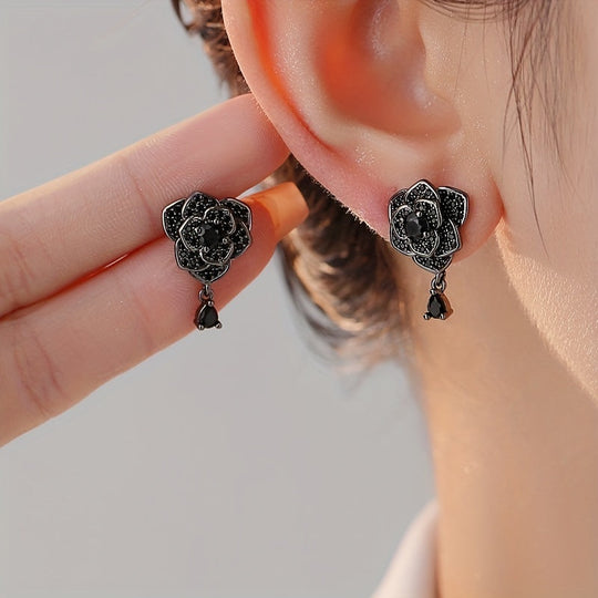 Exquisite Black Rose Zirconia Drop Earrings
