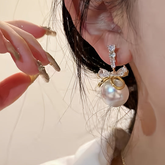 Elegant Imitation Pearl Bow Earrings
