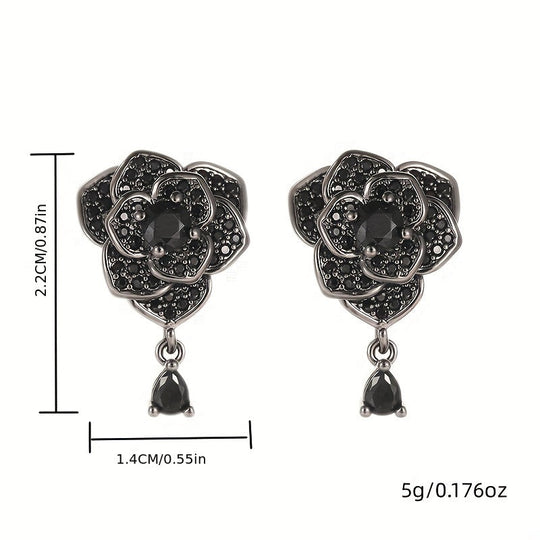 Exquisite Black Rose Zirconia Drop Earrings