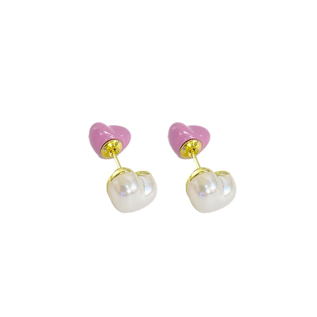 Elegant Pink Heart & Pearl Stud Earrings