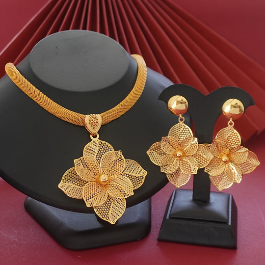 Elegant Flower Pendant Necklace & Earrings Set