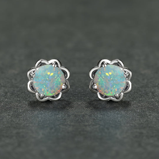 White Opal Flower Stud Earrings