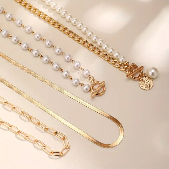 Minimalist  Pearl & Gold Snake Chain Necklace Set