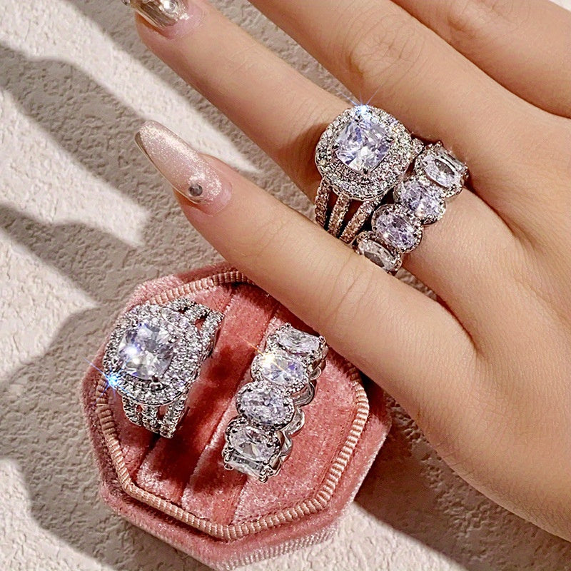 2pcs Trendy Zirconia Wedding Band Set