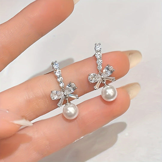 Rhinestone Bows Imitation Pearls Earrings