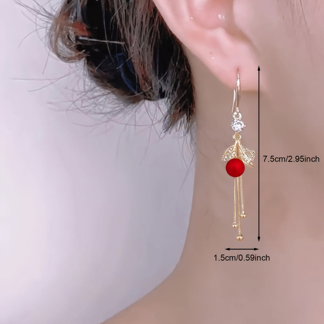 Red Faux Pearl Leaf Dangle Earrings