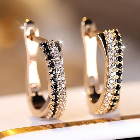 Golden Modern Hoop Earrings with Zirconia