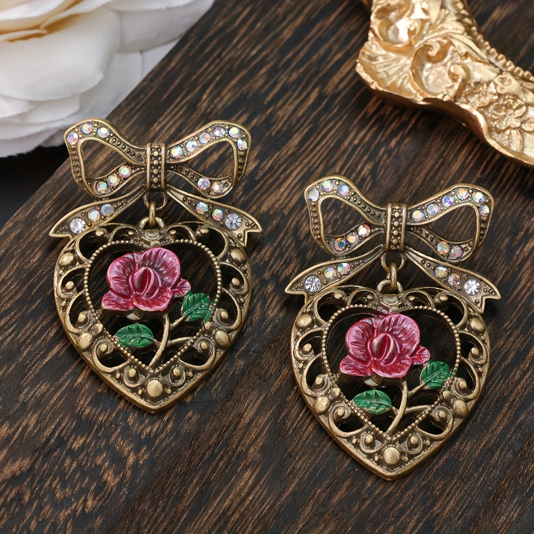 Timeless Heart & Rose Bowknot Earrings