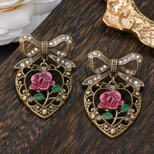 Timeless Heart & Rose Bowknot Earrings