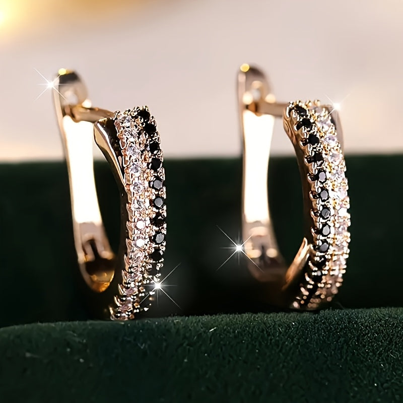 Golden Modern Hoop Earrings with Zirconia