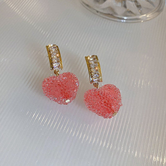 Korean Pink Heart Crystal Drop Earrings