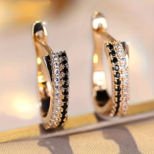 Golden Modern Hoop Earrings with Zirconia