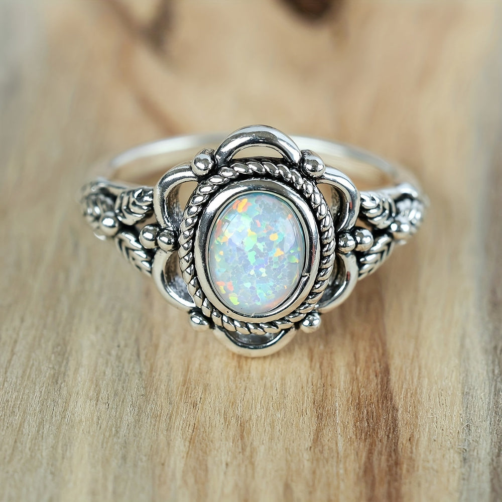 Stylish Silvery Opal Retro Ring