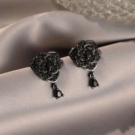 Exquisite Black Rose Zirconia Drop Earrings