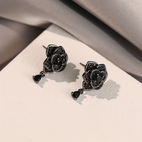 Exquisite Black Rose Zirconia Drop Earrings