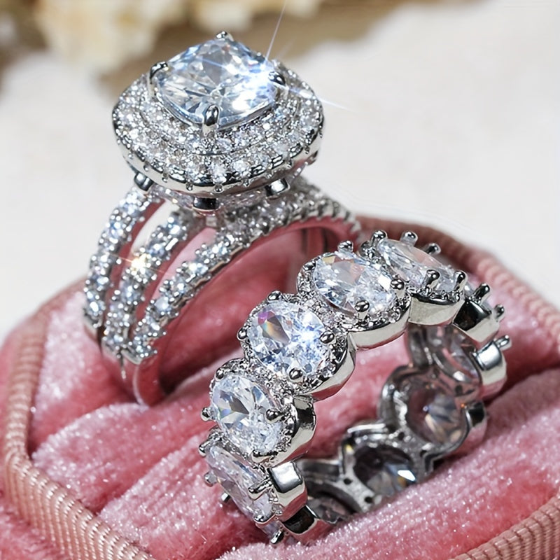 2pcs Trendy Zirconia Wedding Band Set