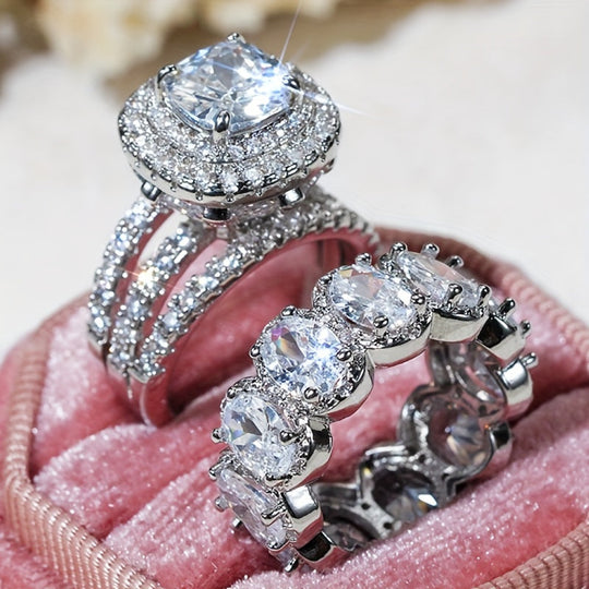 2pcs Trendy Zirconia Wedding Band Set