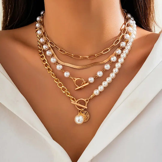 Minimalist  Pearl & Gold Snake Chain Necklace Set