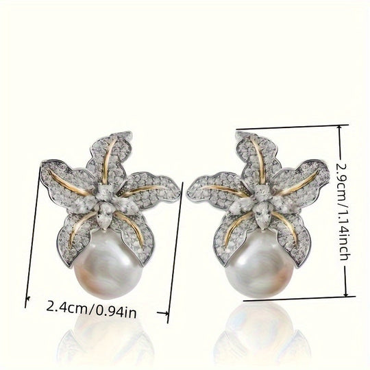 Sophisticated Two-Tone Flower Pearl Earrings