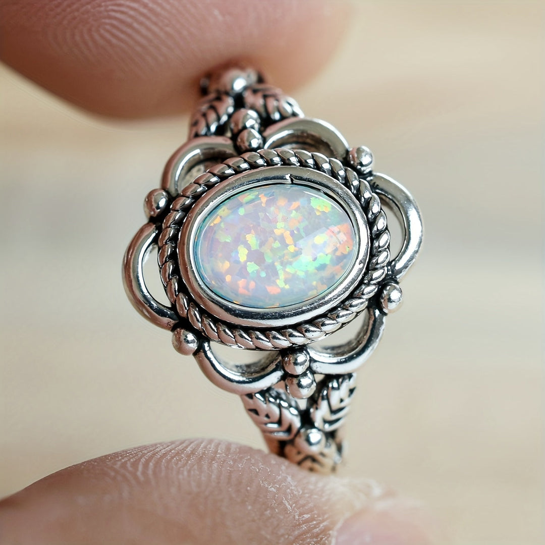 Stylish Silvery Opal Retro Ring