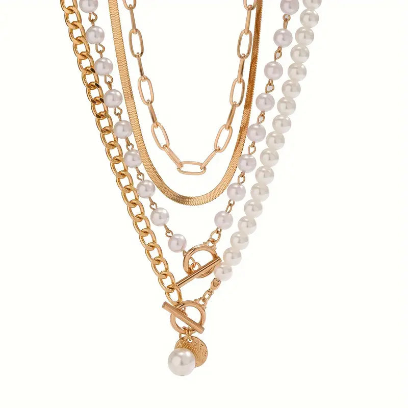 Minimalist  Pearl & Gold Snake Chain Necklace Set