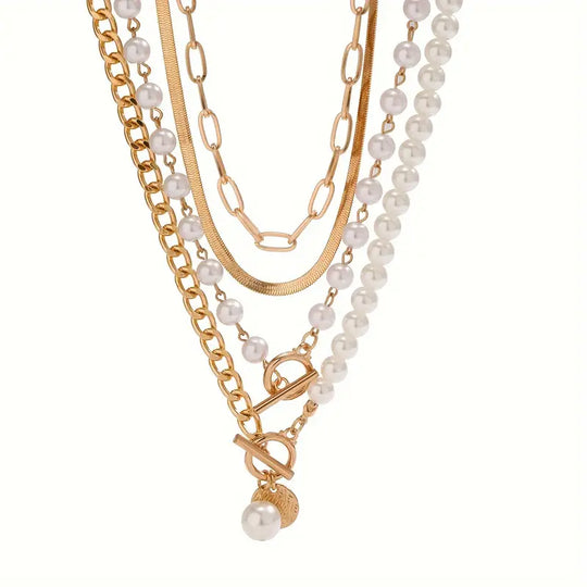 Minimalist  Pearl & Gold Snake Chain Necklace Set