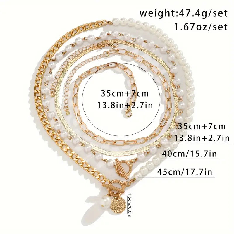 Minimalist  Pearl & Gold Snake Chain Necklace Set