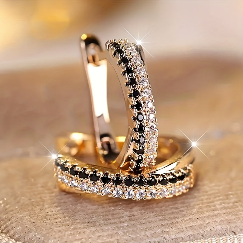 Golden Modern Hoop Earrings with Zirconia